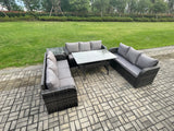 Fimous Rattan Garden Furniture Set with Oblong Rectangular Dining Table Side Table 9 Seater Outdoor Lounge Sofa Set Dark Grey Mixed