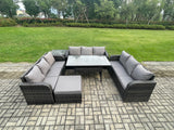 Fimous Patio Rattan Garden Furniture Set with Oblong Rectangular Dining Table Big Footstool Side Table 10 Seater Outdoor Lounge Sofa Set Dark Grey Mixed