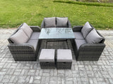 Fimous Outdoor Rattan Garden Furniture Set 8 Seater Patio Love Sofa Set with Rectangular Dining Table 2 Small Footstool Dark Grey Mixed