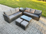 Fimous Outdoor Garden Furniture Sets 8 Seater Wicker Rattan Furniture Sofa Sets with Rectangular Coffee Table 3 Seater Sofa Side Table 2 Small Footstools Dark Grey Mixed