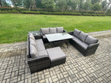 Fimous Patio Rattan Garden Furniture Set with Oblong Rectangular Dining Table Big Footstool Side Table 10 Seater Outdoor Lounge Sofa Set Dark Grey Mixed