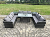 Fimous Rattan Furniture Garden Dining Set Gas Fire Pit Table With 2 Side Tables Lounge Sofa Dark Grey Mixed