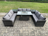 Fimous Rattan Furniture Garden Dining Set Gas Fire Pit Table With 2 Side Tables Lounge Sofa Dark Grey Mixed