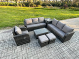 Fimous 9 Seater Rattan Outdoor Garden Furniture Sofa Set Patio Table & Chairs Set with 3 Seater Sofa Reclining Chair 3 Seater Sofa Side Table 2 Small Footstools Dark Grey Mixed