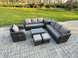 Fimous 9 Seater Rattan Outdoor Garden Furniture Sofa Set Patio Table & Chairs Set with 3 Seater Sofa Reclining Chair 3 Seater Sofa Side Table 2 Small Footstools Dark Grey Mixed