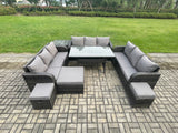Fimous Rattan Garden Furniture Set with Oblong Rectangular Dining Table 3 Footstools Side Table 11 Seater Outdoor Lounge Sofa Set Dark Grey Mixed