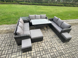 Fimous Rattan Garden Furniture Set with Oblong Rectangular Dining Table 3 Footstools Side Table 11 Seater Outdoor Lounge Sofa Set Dark Grey Mixed