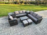 Fimous 9 Seater Rattan Lounge Sofa Set Outdoor Garden Furniture Set with Rectangular Coffee Table 3 Seater Sofa 2 Small Footstools 2 Side Tables Dark Grey Mixed