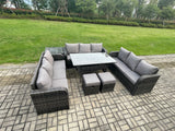 Fimous Patio Rattan Garden Furniture Set with Oblong Rectangular Dining Table 2 Small Footstools Side Table 11 Seater Outdoor Lounge Sofa Set Dark Grey Mixed