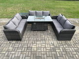 Fimous Rattan Furniture Garden Dining Set Gas Fire Pit Table With Side Table 3 Seater Sofa Dark Grey Mixed