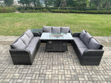 Fimous Rattan Furniture Garden Dining Set Gas Fire Pit Table With Side Table 3 Seater Sofa Dark Grey Mixed
