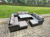 Fimous Wicker PE Rattan Sofa Outdoor Garden Furniture Set with Rectangular Dining Table 2 Big Footstool Side Table Dark Grey Mixed