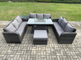 Fimous Rattan Furniture Garden Dining Set Gas Fire Pit Table With Side Table 3 Seater Sofa Footstool Dark Grey Mixed