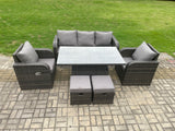 Fimous Rattan Furniture Garden Dining Sets Outdoor Height Adjustable Rising lifting Table and Chair Set With Lounge Sofa 2 Small Footstools