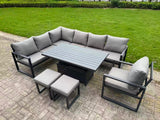 Fimous 8 Pieces Aluminium Garden Furniture Sets with Adjustable Rising Lifting Dining Table,2 Small Footstools 9 Seater Corner Sofa Set Dark Grey