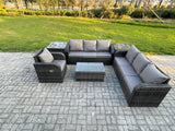Fimous 7 Seater Rattan Outdoor Garden Furniture Sofa Set Patio Table & Chairs Set with 3 Seater Sofa Reclining Chair 3 Seater Sofa 2 Side Tables Dark Grey Mixed