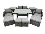 Fimous 8 Seater Wicker PE Rattan Furniture Outdoor Dining Table Double Seat Sofa 2 Side Tables 4 Stools Set Dark Grey Mixed