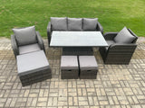 Fimous Outdoor Rattan Furniture Garden Dining Sets Height Adjustable Rising lifting Table and Chair Set With Lounge Sofa 3 Footstools