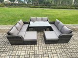 Fimous Patio Rattan Garden Furniture Set with Oblong Rectangular Dining Table 11 Seater Outdoor Lounge Sofa Set Dark Grey Mixed