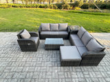 Fimous 8 Seater Rattan Outdoor Garden Furniture Sofa Set Patio Table & Chairs Set with 3 Seater Sofa Reclining Chair 3 Seater Sofa Big Footstool Side Table Dark Grey Mixed
