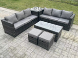 Fimous Outdoor Rattan Garden Furniture Lounge Sofa Set With Oblong Rectagular Coffee Table Side Coffee Table 2 Stools