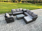 Fimous 8 Seater Rattan Outdoor Garden Furniture Sofa Set Patio Table & Chairs Set with 3 Seater Sofa Reclining Chair 3 Seater Sofa Big Footstool Side Table Dark Grey Mixed