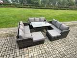 Fimous Patio Rattan Garden Furniture Set with Oblong Rectangular Dining Table 11 Seater Outdoor Lounge Sofa Set Dark Grey Mixed
