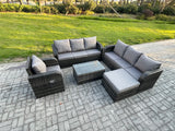 Fimous 8 Seater Rattan Outdoor Garden Furniture Sofa Set Patio Table & Chairs Set with 3 Seater Sofa Reclining Chair 3 Seater Sofa Big Footstool Dark Grey Mixed