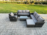 Fimous 8 Seater Rattan Outdoor Garden Furniture Sofa Set Patio Table & Chairs Set with 3 Seater Sofa Reclining Chair 3 Seater Sofa Big Footstool Dark Grey Mixed