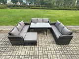 Fimous Patio Rattan Garden Furniture Set with Oblong Rectangular Dining Table Big Footstool 10 Seater Outdoor Lounge Sofa Set Dark Grey Mixed