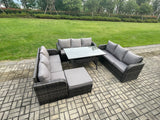 Fimous Patio Rattan Garden Furniture Set with Oblong Rectangular Dining Table Big Footstool 10 Seater Outdoor Lounge Sofa Set Dark Grey Mixed