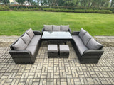 Fimous Rattan Garden Furniture Set with Oblong Rectangular Dining Table 2 Small Footstools 11 Seater Outdoor Lounge Sofa Set Dark Grey Mixed