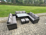 Fimous Rattan Garden Furniture Set with Oblong Rectangular Dining Table 2 Small Footstools 11 Seater Outdoor Lounge Sofa Set Dark Grey Mixed