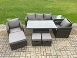 Fimous Outdoor Rattan Furniture Sofa Garden Dining Sets Height Adjustable Rising lifting Table and Chair Set With Side Table 3 Footstools