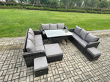 Fimous Patio Rattan Garden Furniture Set with Oblong Rectangular Dining Table 3 Footstools 12 Seater Outdoor Lounge Sofa Set Dark Grey Mixed