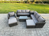 Fimous 9 Seater Rattan Lounge Sofa Set Outdoor Garden Furniture Set with Rectangular Coffee Table 3 Seater Sofa 2 Big Footstool Side Table Dark Grey Mixed