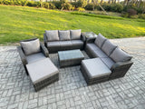 Fimous 9 Seater Rattan Lounge Sofa Set Outdoor Garden Furniture Set with Rectangular Coffee Table 3 Seater Sofa 2 Big Footstool Side Table Dark Grey Mixed