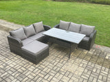 Fimous Rattan Garden Furniture Set with Oblong Rectangular Dining Table Big Footstool 4 Pieces Outdoor Lounge Sofa Set Dark Grey Mixed