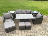 Fimous Outdoor Rattan Furniture Sofa Garden Dining Sets Height Adjustable Rising lifting Table and Chair Set With 2 Side Tables 3 Footstools