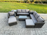 Fimous 9 Seater Rattan Lounge Sofa Set Outdoor Garden Furniture Set with Rectangular Coffee Table 3 Seater Sofa 2 Big Footstool 2 Side Tables Dark Grey Mixed