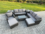 Fimous 9 Seater Rattan Lounge Sofa Set Outdoor Garden Furniture Set with Rectangular Coffee Table 3 Seater Sofa 2 Big Footstool 2 Side Tables Dark Grey Mixed