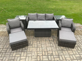 Fimous Outdoor Rattan Furniture Sofa Garden Dining Sets Height Adjustable Rising lifting Table and Chair Set With 2 Side Tables 2 Big Footstools