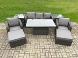 Fimous Outdoor Rattan Furniture Sofa Garden Dining Sets Height Adjustable Rising lifting Table and Chair Set With 2 Side Tables 2 Big Footstools