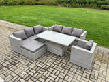 Fimous Outdoor PE Rattan Garden Funiture Set Height Adjustable Rising Lifting Table Sofa Dining Set with Armchair Big Footstool