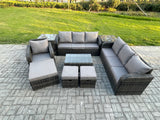 Fimous 10 Seater Rattan Lounge Sofa Set Outdoor Garden Furniture Set with Rectangular Coffee Table 3 Seater Sofa 3 Footstools 2 Side Tables Dark Grey Mixed