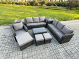 Fimous 10 Seater Rattan Lounge Sofa Set Outdoor Garden Furniture Set with Rectangular Coffee Table 3 Seater Sofa 3 Footstools 2 Side Tables Dark Grey Mixed