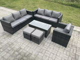 Fimous Outdoor Rattan Garden Furniture Lounge Sofa Set With Oblong Rectagular Coffee Table Arm Chair 2 Stools