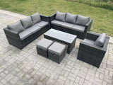 Fimous Outdoor Rattan Garden Furniture Lounge Sofa Set With Oblong Rectagular Coffee Table Arm Chair 2 Stools