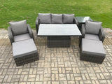 Fimous Outdoor Rattan Furniture Garden Dining Sets Height Adjustable Rising lifting Table Sofa Set With Chairs Side Tables 2 Big Footstools