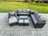 Fimous 10 Seater Rattan Lounge Sofa Set Outdoor Garden Furniture Set with Rectangular Coffee Table 3 Seater Sofa 3 Footstools Side Table Dark Grey Mixed